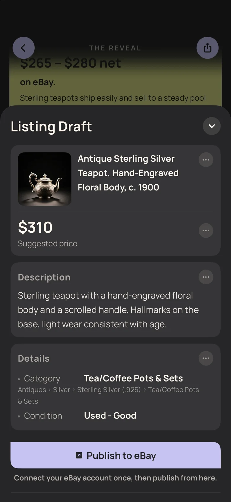 Worthzy listing draft for an antique sterling silver teapot with a Publish to eBay button